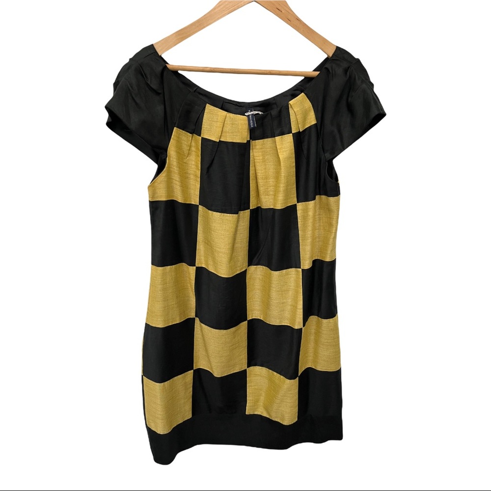 KAS DESIGNS 100% SILK BLACK AND GOLDEN YELLOW COLOR BLOCK SHIFT DRESS SZ MEDIUM